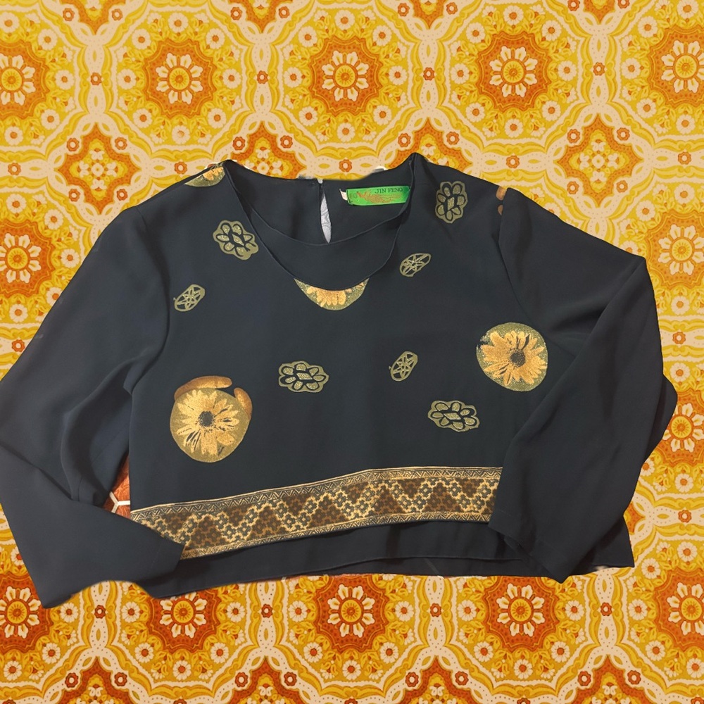 Jin Feng Black Blouse with Gold Accents